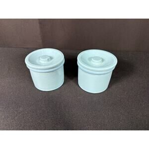 Vintage English Butter Stoneware Pottery Small Crocks with Lids Robins Egg Blue